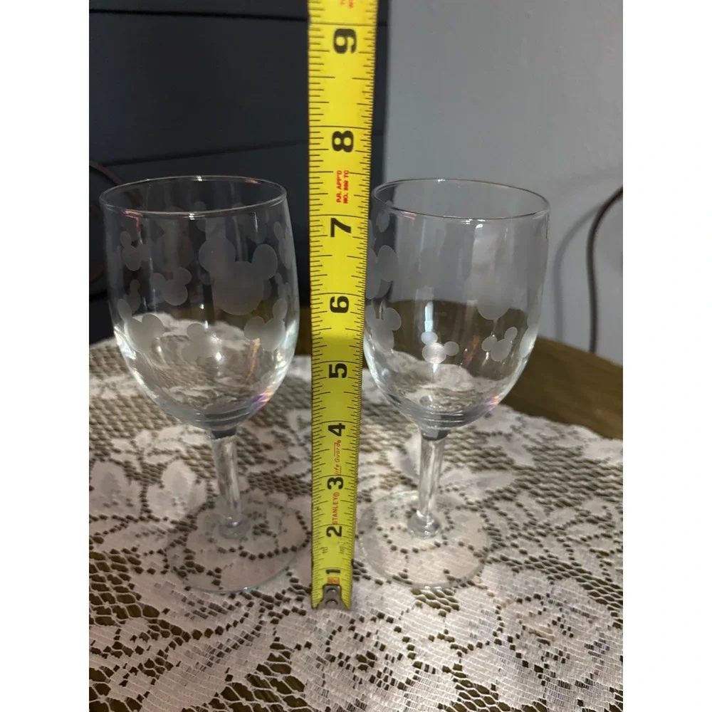 Disney Mickey Mouse Etched Wine Glass Set of 2 Clear Frosted Stemmed Glassware